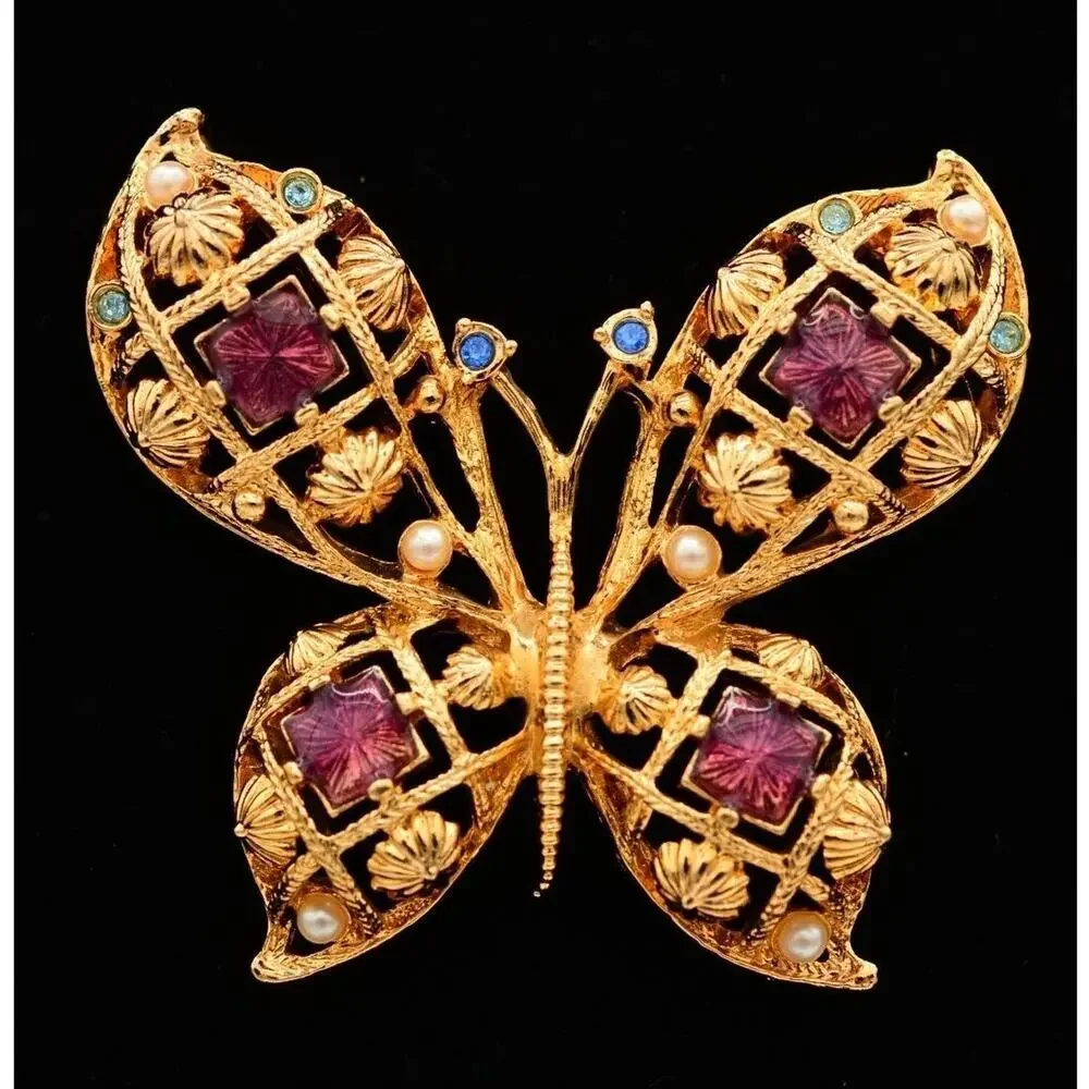 Avon Vintage Butterfly Pin Brooch Gold Large Big Enamel Chunky Signed 1990s 9B